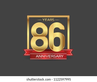 86 years anniversary design logotype golden color with square and red ribbon for celebration event isolated on black background