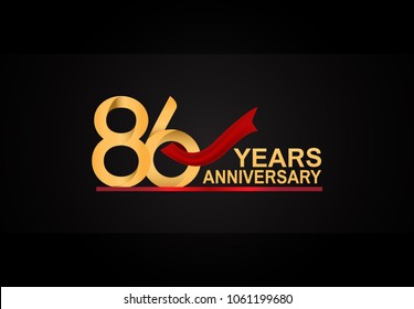 86 years anniversary design with red ribbon and golden color isolated on black background