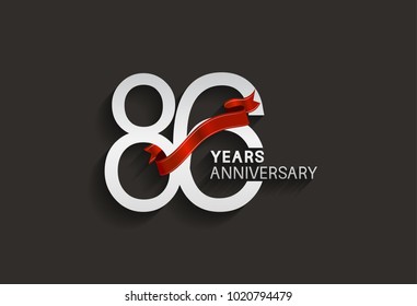 86 years anniversary design with silver color and red ribbon isolated on black background for celebration event