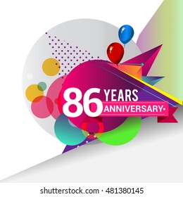 86 Years Anniversary logo with balloon and colorful geometric background, vector design template elements for your birthday celebration.