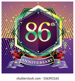 86 years anniversary logo celebration with ring and ribbon. Symbol and template for greeting card.