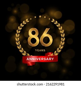 86 years anniversary logo with golden  laurel and red ribbon for booklet, leaflet, magazine, brochure poster, banner, web, invitation or greeting card. Vector illustrations.