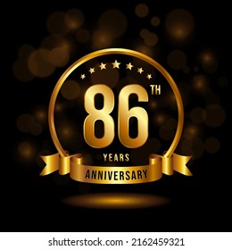 86 years anniversary logo with golden ring and ribbon for booklet, leaflet, magazine, brochure poster, banner, web, invitation or greeting card. Vector illustrations.