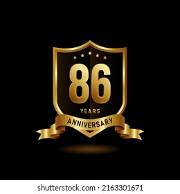 86  years anniversary logo with golden shield and ribbon for booklet, leaflet, magazine, brochure poster, banner, web, invitation or greeting card. Vector illustrations.