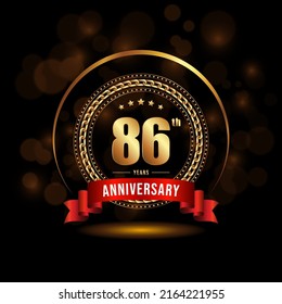 86 years anniversary logo with golden ring and ribbon for booklet, leaflet, magazine, brochure poster, banner, web, invitation or greeting card. Vector illustrations.