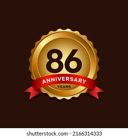 86 years anniversary logo with ribbon, golden Anniversary for booklet, leaflet, magazine, brochure poster, banner, web, invitation or greeting card. Vector illustrations.