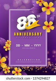 86 years anniversary logo template on golden flower and purple background. 86th celebrating white numbers with gold ribbon vector and bokeh design elements, anniversary invitation template card design