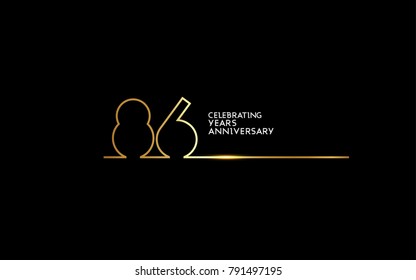 86 Years Anniversary logotype with golden colored font numbers made of one connected line, isolated on black background for company celebration event, birthday