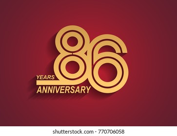 86 years anniversary logotype with linked number golden color isolated on red background for celebration event