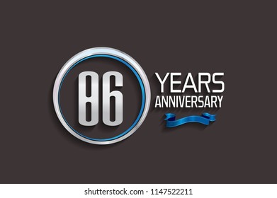 86 years anniversary logotype style design with luxury silver color and blue ribbon for company event celebration
