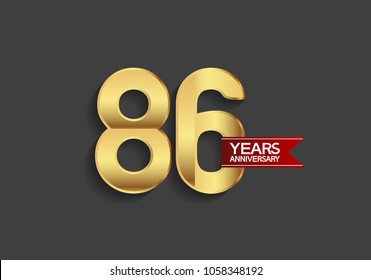 86 years anniversary simple design with golden color and red ribbon isolated on black background for celebration event