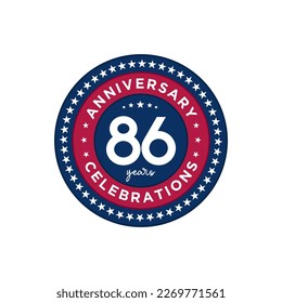 86 años. Diseño de plantillas de aniversario, colores rojo y azul con estrellas, diseño para eventos, tarjeta de invitación, tarjeta de saludo, banner, afiche, volante, portada de libros e impresión. Vector Eps10