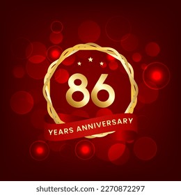 86 años. Diseño de plantilla de aniversario con número de oro y cinta roja, diseño para evento, tarjeta de invitación, tarjeta de saludo, banner, afiche, volante, portada de libro e impresión. Vector Eps10