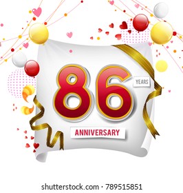 86 years anniversary vector illustration, banner, flyer, logo, icon, symbol. Graphic design element with flag, balloon, ribbon, confetty. Birthday greeting, event celebration