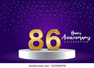 Ilustración de diseño de plantillas vectoriales de 86 años de aniversario. Números 3d azules con escenario de podio para celebración
