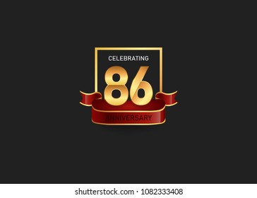 86 years golden anniversary design logotype gold square and red ribbon for celebration event, isolated on black background