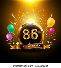 86 years golden anniversary logo celebration with ring, ribbon, firework, and balloon