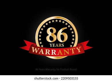 86 years warranty golden logo with ring and red ribbon isolated on black background, vector design for product warranty, guarantee, service, corporate, and your business.