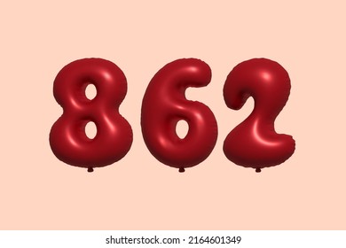 862 3d number balloon made of realistic metallic air balloon 3d rendering. 3D Red helium balloons for sale decoration Party Birthday, Celebrate anniversary, Wedding Holiday. Vector illustration