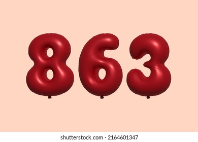 863 3d number balloon made of realistic metallic air balloon 3d rendering. 3D Red helium balloons for sale decoration Party Birthday, Celebrate anniversary, Wedding Holiday. Vector illustration