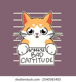 N° 86452 cattitude ruim, com um gatinho laranja com olhos pretos segurando o sinal, e um fundo roxo com linhas brancas Vetor para serigrafia, dtg, dtf, t-shirts, sinais, banners, Subimation Jobs