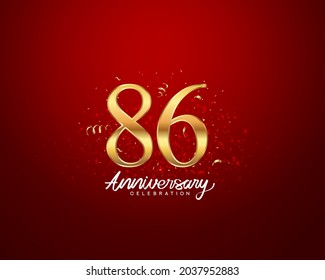86th anniversary background with 3D number illustration golden numbers and Anniversary Celebration text with golden confetti on red background.