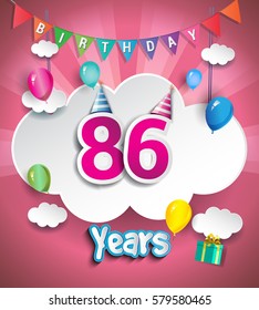86th Anniversary Celebration Design, with clouds and balloons. using Paper Art Design Style, Vector template elements for your, eighty six years birthday celebration party.