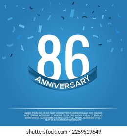 86. Jubiläumsfeier, Vektordesign mit weißen Zahlen und weißer Farbschrift auf blauem Hintergrund, abstrakt 