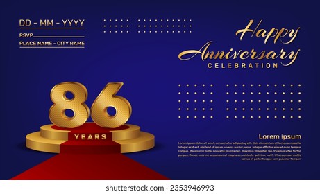 Plantilla vectorial de celebración del 86º aniversario con estilo de números 3D y etapa dorada, plantilla Vector