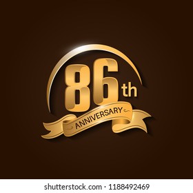 86th Anniversary design logotype. Anniversary logo design with swoosh and elegance golden ribbon. Vector template for use celebration, invitation card, and greeting card