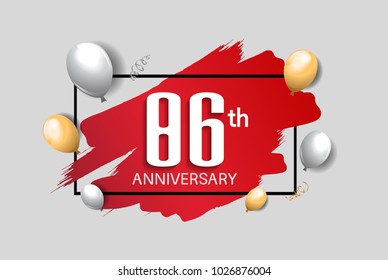 86th anniversary design with red brush, balloons, and square isolated on white background for celebration