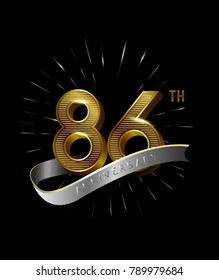 86th Anniversary fireworks and ahiny ribbon. gold anniversary logo on black background