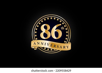 86th anniversary golden gold logo with gold ring and ribbon isolated on black background, vector design for celebration.