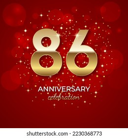 86th Anniversary. Golden number 86 with sparkling confetti and glitters for celebration events, weddings, invitations and greeting cards. Realistic 3d sign. Vector festive illustration