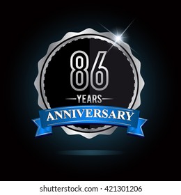 86th anniversary logo with blue ribbon and silver shiny badge, vector design for birthday celebration