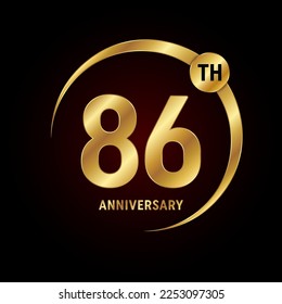 86. Jubiläum. Jubiläum Logo Design Konzept mit goldenem Ring für Jubiläumsfeier, Einladungskarte, Grußkarte, Banner, Poster, Flyer, Buchumschlag. Logo-Vektor-Vorlage