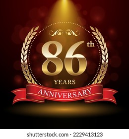 86th Anniversary. Anniversary logo design with Laurel wreath and red ribbon for celebration event, wedding, invitation, greeting card. Vector illustration