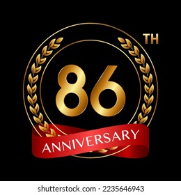 86th Anniversary. Anniversary Logo Design with Laurel Wreath and Red Ribbon for Celebration Event, Wedding, Invitation, Greeting Card. Logo Vector Illustration