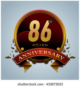 86th anniversary logo with gold circle badge. Anniversary signs illustration. Vibrant colors anniversary logo with geometric shape and circle gold ring