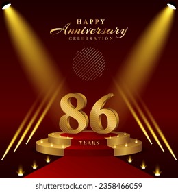 86th anniversary logo with numbers and podium in gold color, logo design for celebration event, invitation, greeting card, banner, poster, and flyer, vector template