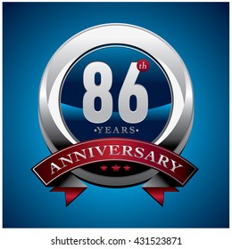 86Th anniversary logo with red ribbon. Anniversary signs illustration. Silver anniversary logo with red ribbon and circle ring