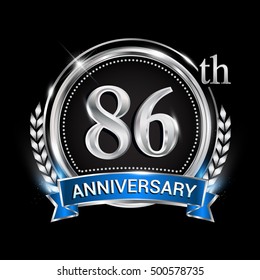 86th anniversary logo with silver ring combination blue ribbon and laurel wreath. Vector template for birthday celebration, party, wedding, invitation and greeting card