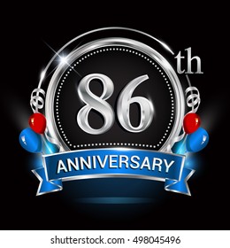 86th anniversary logo with silver ring,balloons and blue ribbon. Vector design template elements for your birthday celebration.