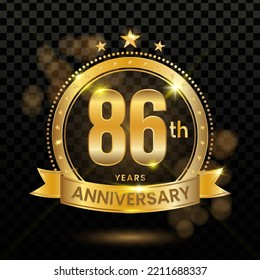 86th Anniversary Logotype with Gold Confetti Isolated on Black Background, Vector Design for Greeting Card and Invitation Card