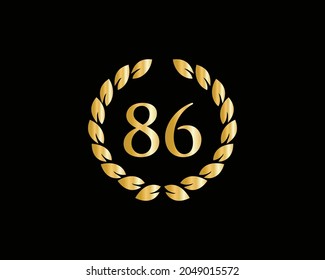 86th Anniversary Ring Logo Template. 86th Years Anniversary Logo With Golden Ring Isolated On Black Background, For Birthday, Anniversary And Company Celebration