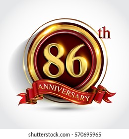 86th golden anniversary logo, eighty six years birthday celebration with ring and red ribbon isolated on white background