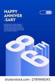 86th Modern anniversary poster template featuring a bold 3d isometric number on a vibrant blue background.
