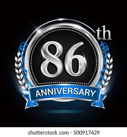 86th silver anniversary logo with laurel wreath, blue ribbon and ring. vector design.