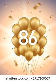 86th Year anniversary celebration background. Golden balloons and confetti with sunbeams in background.
