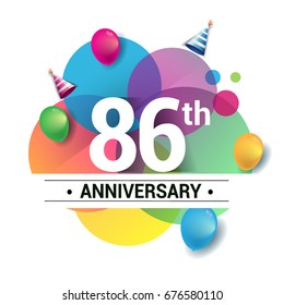 86th years anniversary logo, vector design birthday celebration with colorful geometric, Circles and balloons isolated on white background.